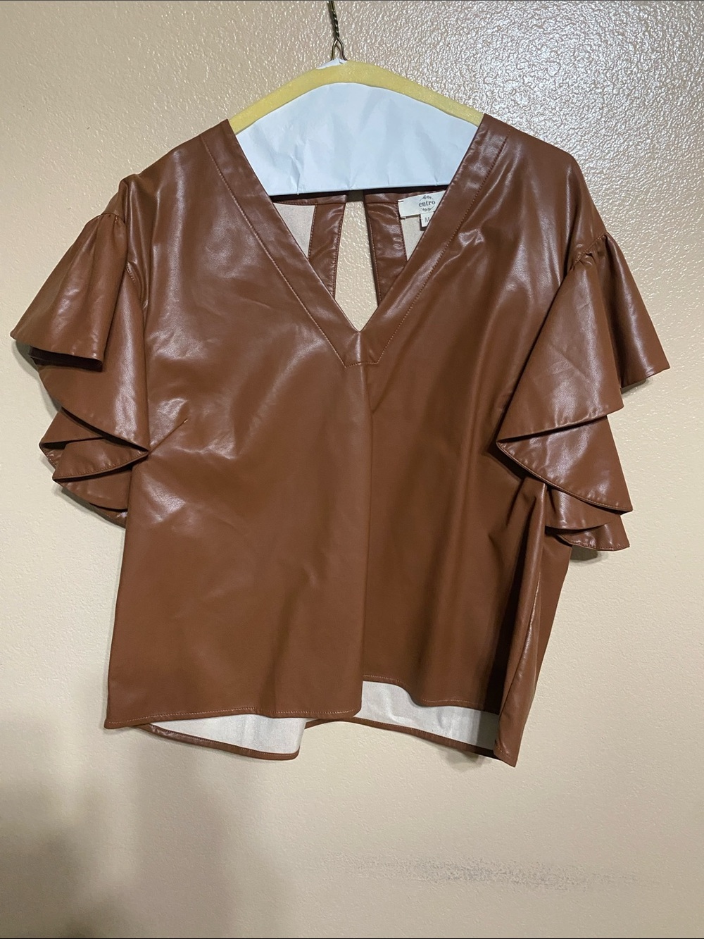 Entro Brown Faux Leather V-Neck Ruffle Sleeve Top